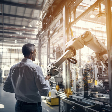 Back view of an engineer looking at a robotic arm in a factory.