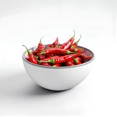 Tuinposter Red hot chili peppers in bowl isolated on white background. 3d illustration © Wazir Design
