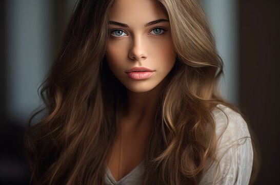 lovely woman in a dark hair, blended colors, distinct facial features