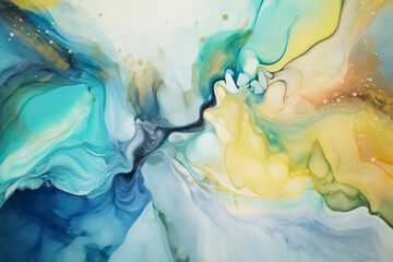 Abstract teal blue, green, yellow and white alcohol ink art background.