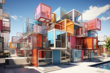 Unreal Bauhaus architecture, bright colors. AI generative.