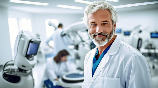  Specialist researcher standing on Automated scientist laboratory. horizontal background. Doctor working with staff and equipment in automated diagnostic room on the hospital. Generative ai