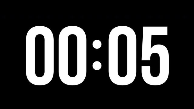 Digital countup clock timer in zero second to 1 minute. White text number on isolated black background. Element for overlay concept. 4K footage motion video