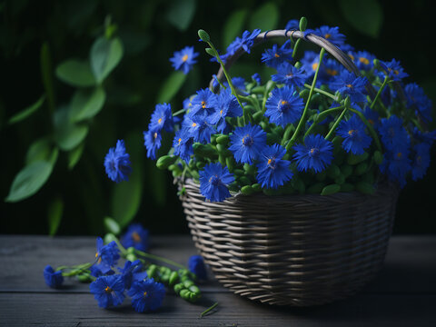 Basket on a table filled with blue cornflowers