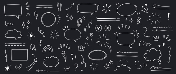 Line highlight brush, text emphasis, underline brush on chalkboard background. Hand drawn scribble highlight, arrow, star sparkle. Text underline drawn, cloud speech bubble. Vector illustration.