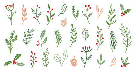 Christmas plant leaf, flower set. Hand drawn doodle sketch holly floral, christmas tree leaves, winter branch elements. Holiday decoration, rustic wreath sketch doodle. Vector illustration.
