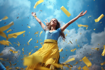 a woman against the sky in a yellow and blue dress, in the colors of the flag of ukraine, ai generated