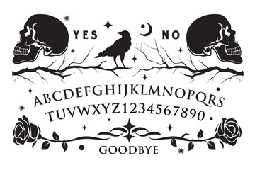 Graphic template inspired by Ouija Board. skeleton skull with crow and roses surrounded by moon and stars texts and alphabet. Gothic typography. Ghosts and demons calling game. - obrazy, fototapety, plakaty