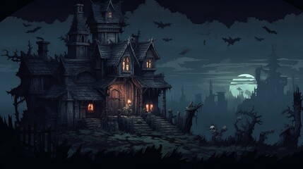 Dark halloween house with moon at night.