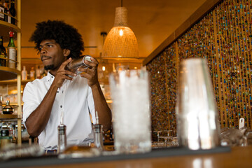 latin bartender with curly hair shaking the cocktail shaker