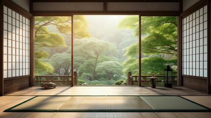Nature's Harmony: Japanese Tatami Mat Floor, Wooden Frame Shoji Window, and Sunlit Green Tree View