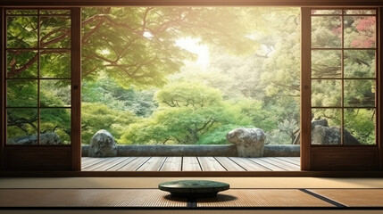 Tranquil Serenity: Japanese Tatami Mat Floor, Wooden Frame Shoji Window, and Sunlit Green Tree View