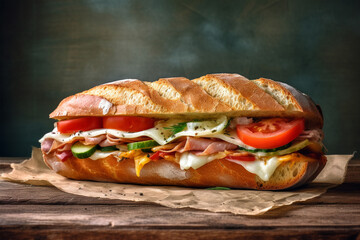Tasty sandwich with ham, cheese and vegetables on rustic background. Generative AI 