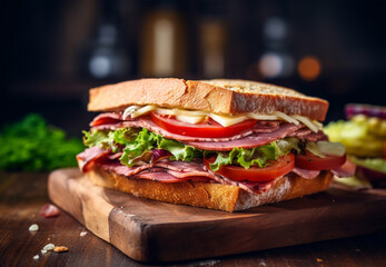 Tasty sandwich with ham, cheese and vegetables on rustic background. Generative AI 