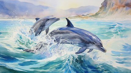 Fototapeta premium Two dolphins playing and jumping above sea surface in foam splashes of sea water Watercolor painting