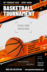 Basketball tournament poster template with ball and place for photo