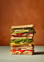 Tasty sandwich with ham, cheese and vegetables on rustic background. Generative AI 