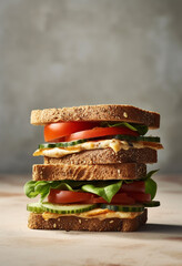 Tasty sandwich with ham, cheese and vegetables on rustic background. Generative AI 