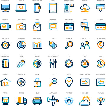 Set of 42 different colorful web icons with labels in modern style