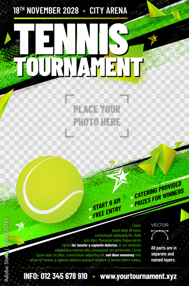 Wall mural Tennis tournament poster template with ball and place for photo