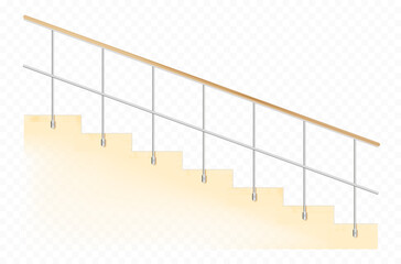 Stairs with metal-wooden railing and wall texture on transparent background
