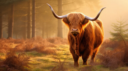 brown cow or yak with long horns in nature at sunset