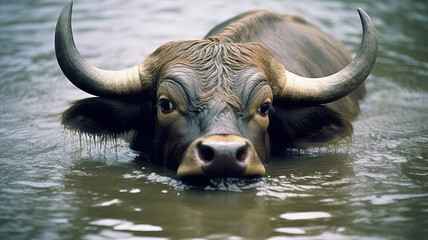 Naklejka premium bull with horns on river water or flood