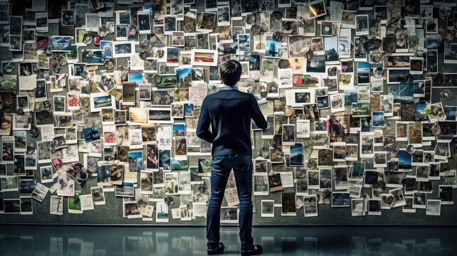 person looking a wall of collage of photo collection