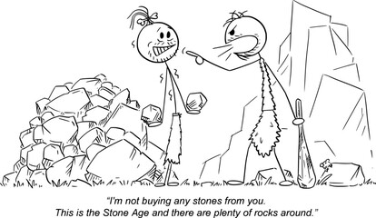 Business and Marketing in Stone Age , Vector Cartoon Stick Figure Illustration