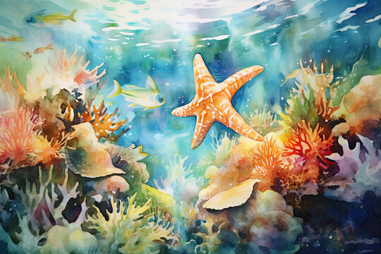 Watercolor painting of sea life. Color corals, starfish, fishes with sun rays in blue seawater.