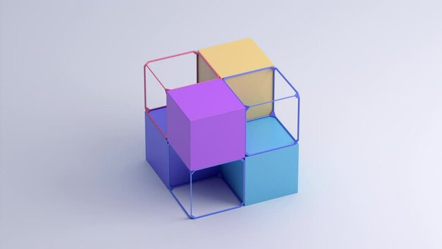 Abstract 3d animation, colorful geometric composition with cubes, 4k seamless looped video
