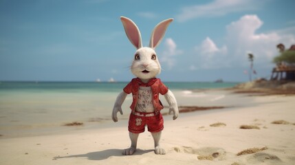 Hase in Freizeitkleidung am Strand