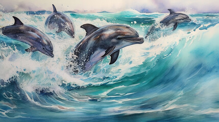 Obraz premium Group of dolphins playing and jumping in foam splashes of sea water. Watercolor painting.