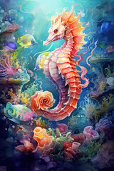 Obraz premium Watercolor painting of seahorse in sea depth among multicolored corals and fish. Generated AI.
