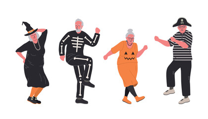 Halloween party. Elderly people in Halloween costumes are dancing and having fun. Positive active seniors. Vector illustration