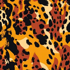 Orange leopard jaguar fur texture repeating seamless pattern. AI illustration. Modern panther animal fabric textile print design. .