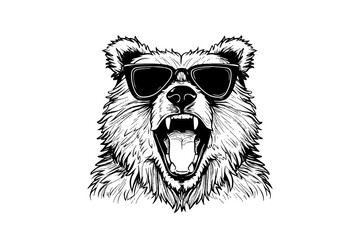 Bear head in glasses logotype vector engraving style illustration