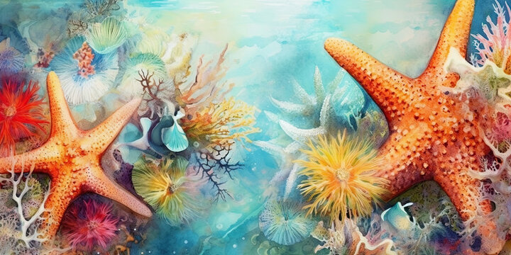 Top view to large starfishes on sea depth among color corals in blue seawater. Watercolor painting.