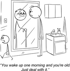 Aging Father Looking at Mirror , Vector Gag Cartoon Stick Figure Illustration
