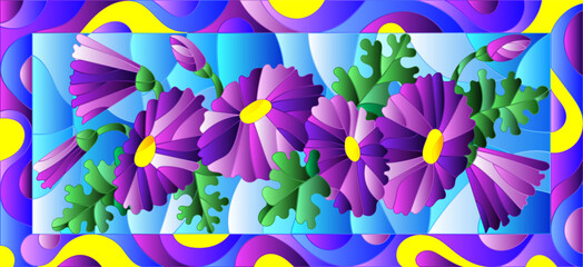 An illustration in the style of a stained glass window with bright purple flowers on a blue sky background in a bright frame