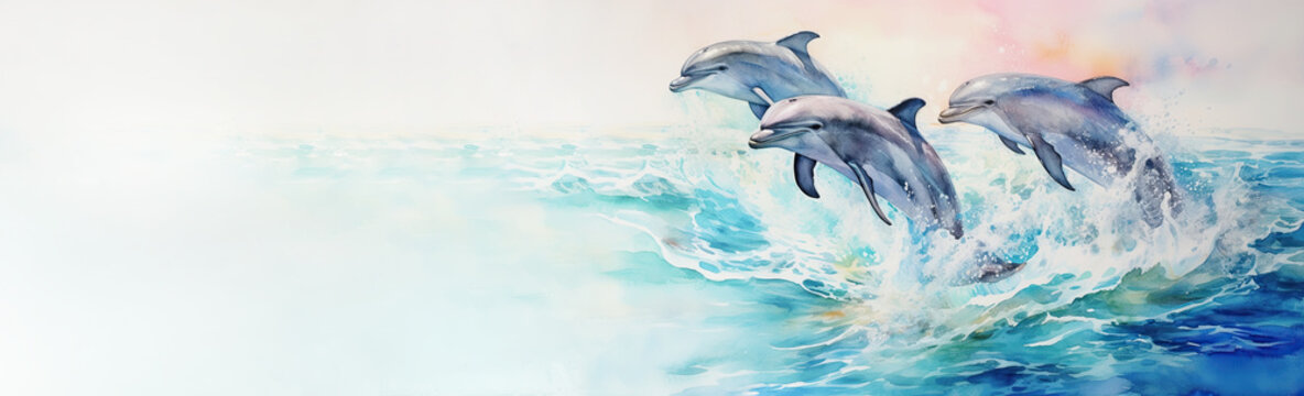 Picture with watercolor of three dolphins swimming and jumping above turquoise sea water.