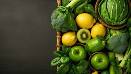 Fresh fruits and vegetables in basket on wooden table, top view. Healthy food concept