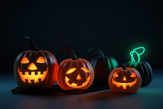 Halloween background. Spooky glowing pumpkins with Jack-o-Lantern faces on dark. Generative Ai.