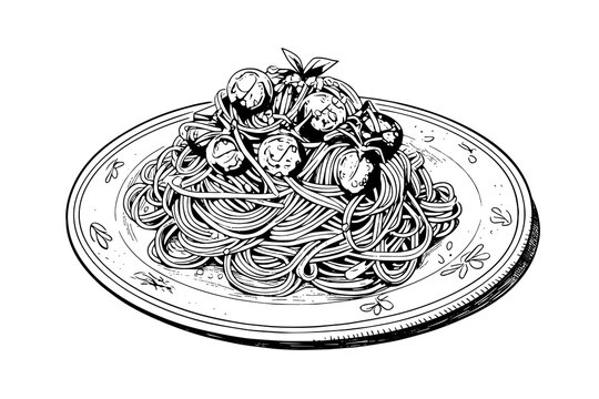 Italian pasta. Spaghetti on a plate, fork with spaghetti Vector engraving style illustration