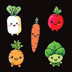 Cute and kawai vegetables icon set illustration. tomato, cabbage, carrot, radish, potato, lettuce