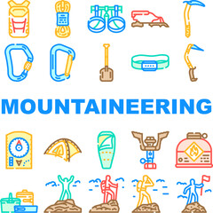 mountaineering tool sport icons set vector. adventure climbing, extreme equipment, climber activity, alpinism hiking, rope mountaineering tool sport color line illustrations