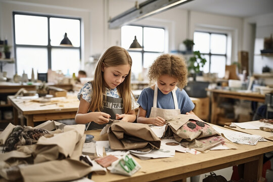 Two classmates friends, bags in tow, working together on a creative art project in the school's art studio Generative AI