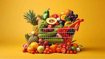 Shopping cart full of fresh vegetables on yellow background. Healthy food concept