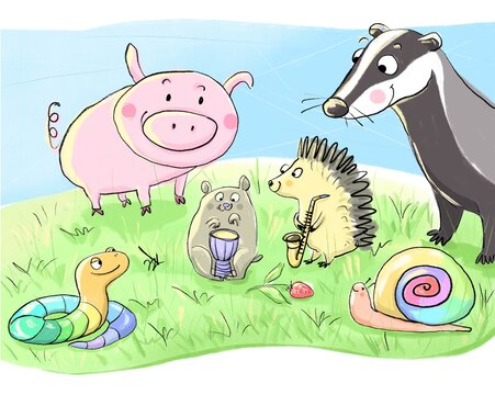Cute cartoon illustration. Different funny animals playing music together. Pig, hamster, hedgehog, snake, badger and a snail. Drum and saxophone. Pastel. Sunny summer day. Blue sky, green grass. 