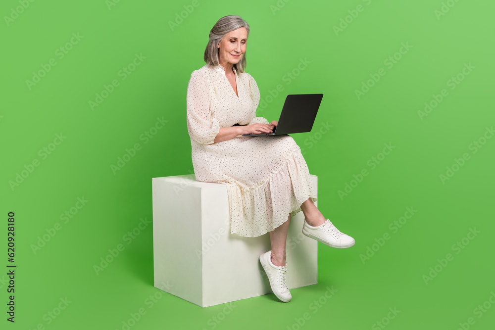 Sticker full length photo of cute pretty lady wear beige dress communicating modern device empty space isola